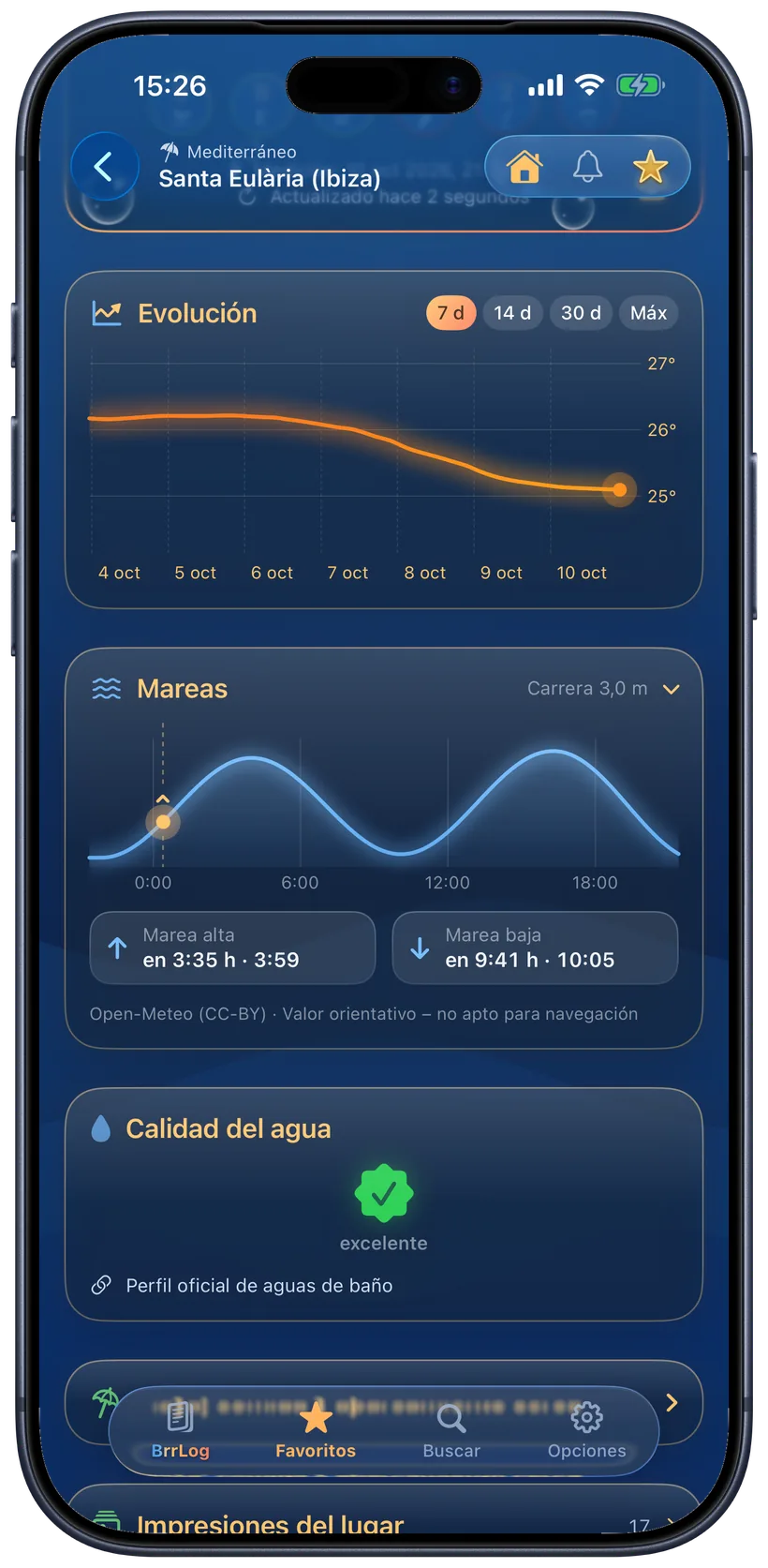 Curva de mareas en la app