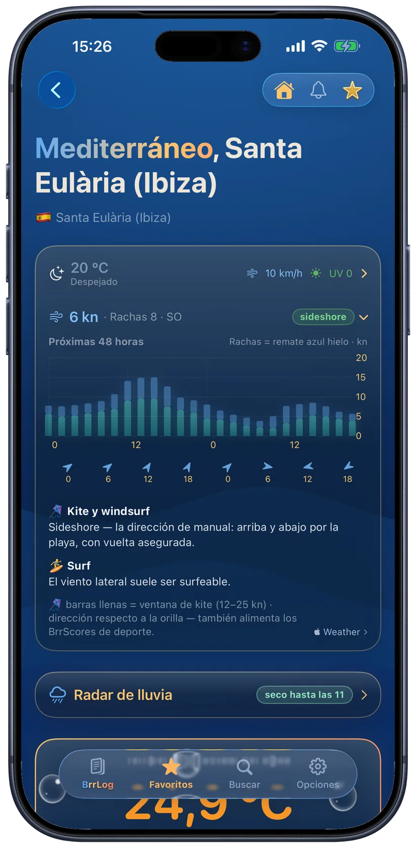 Previsión de viento en la app