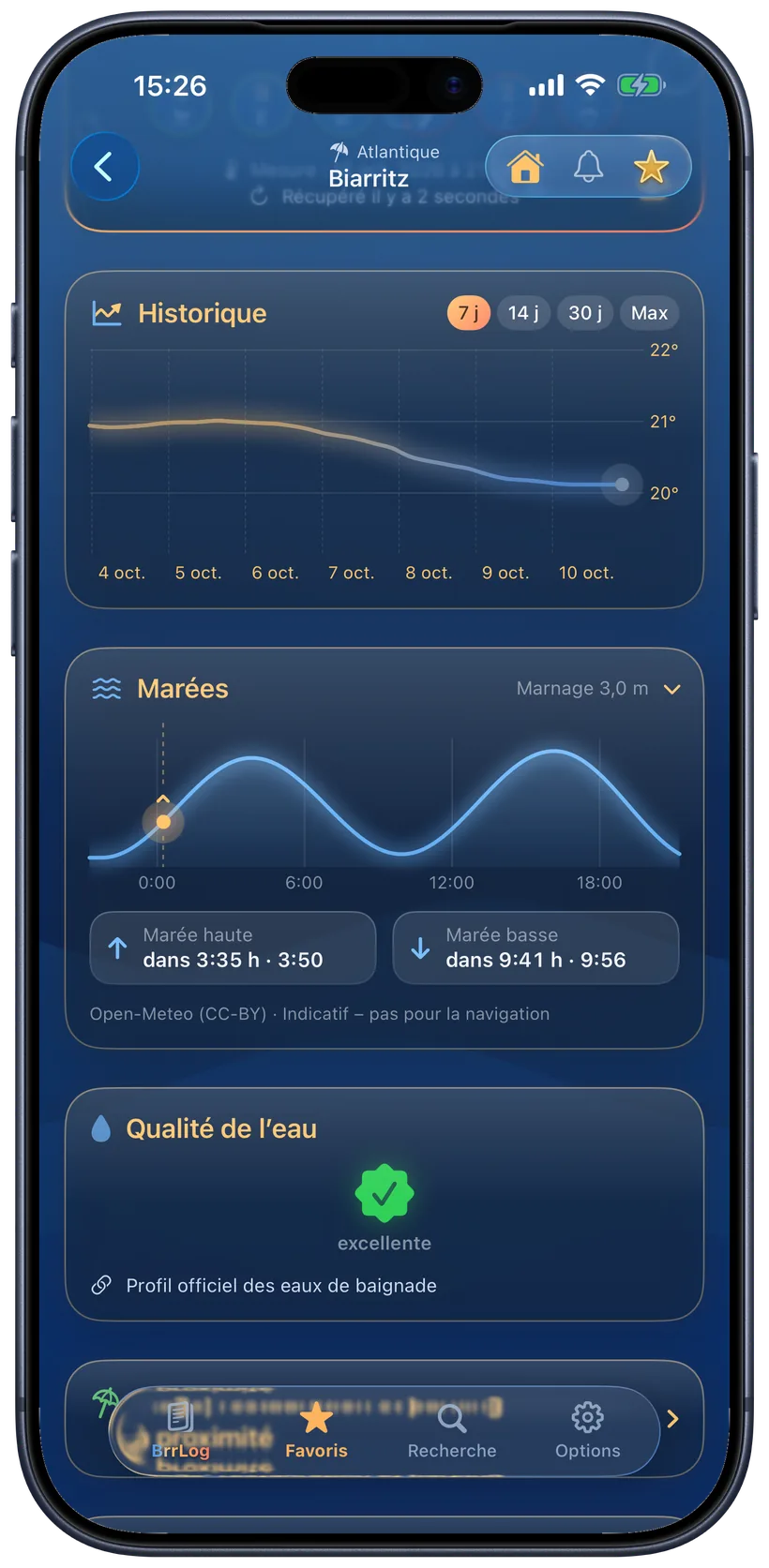 Courbe des marées dans l'app