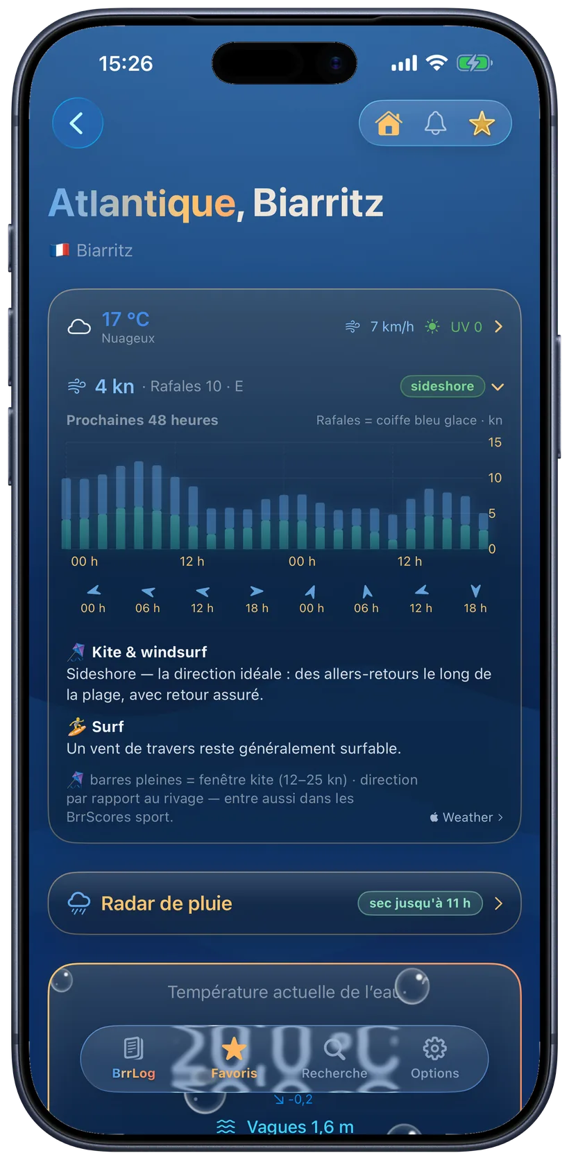 Prévisions de vent dans l'app