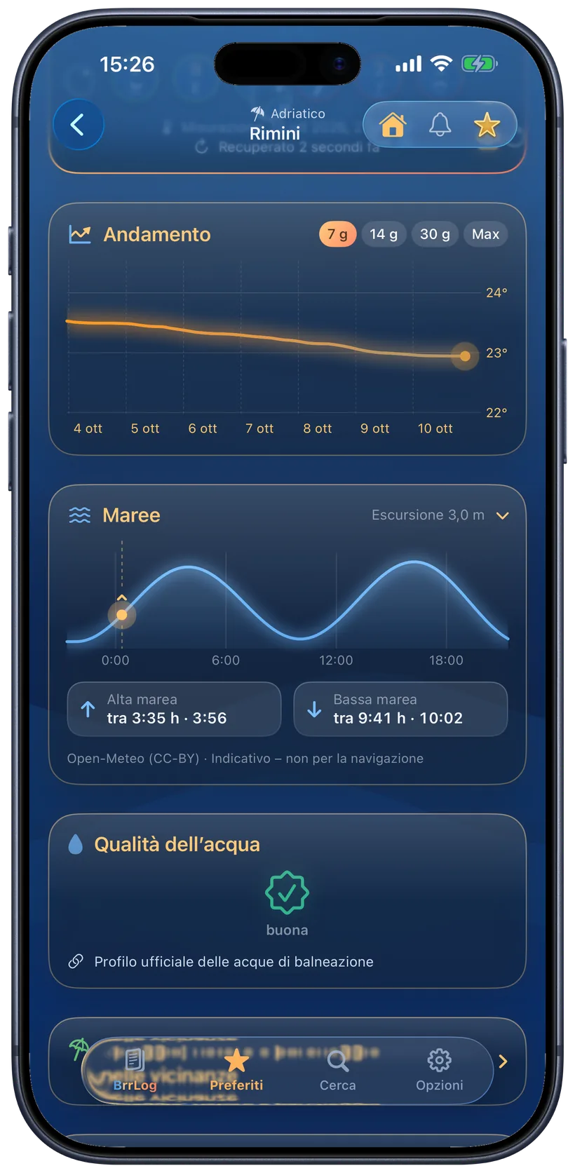 Curva delle maree nell'app